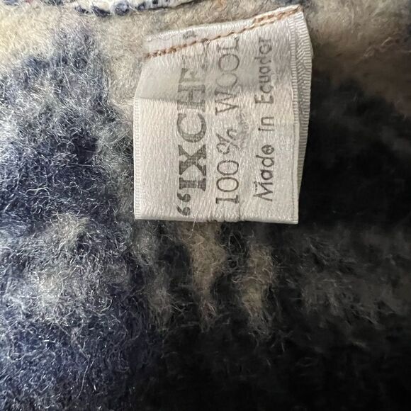 Vintage Handmade Alpaca Hooded Coat Navy Beige Aztec made in Ecuador Mens L - Picture 4 of 5